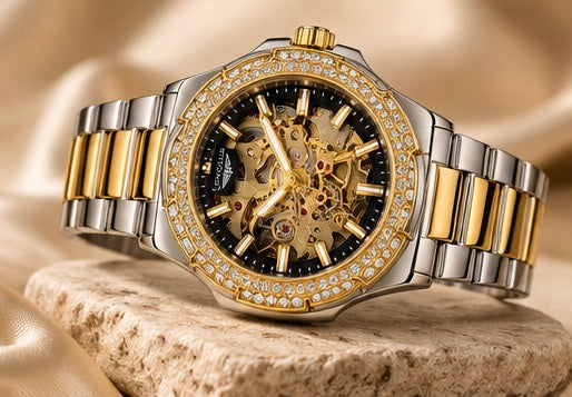 LONGLUX Men’s Luxury Automatic Mechanical Watch – Skeleton Dial, Stainless Steel, Diamond Accents, Water-Resistant, Elegant Style