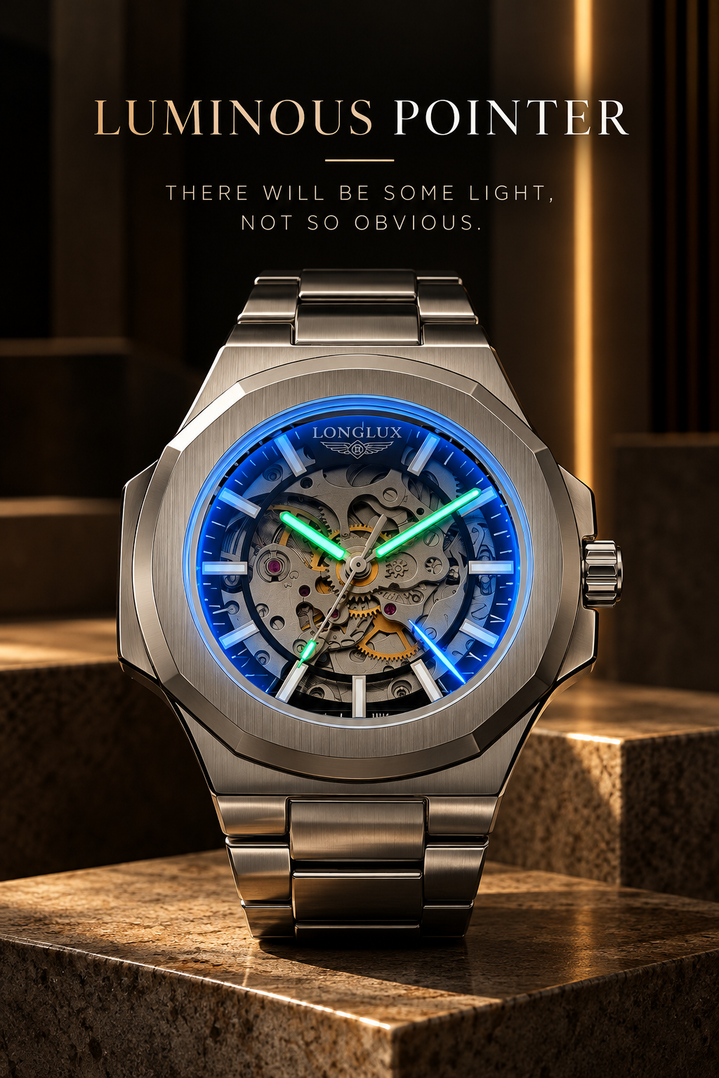 LONGLUX Men’s Luxury Automatic Mechanical Watch – Skeleton Dial, Stainless Steel, Water-Resistant, Elegant Business Style