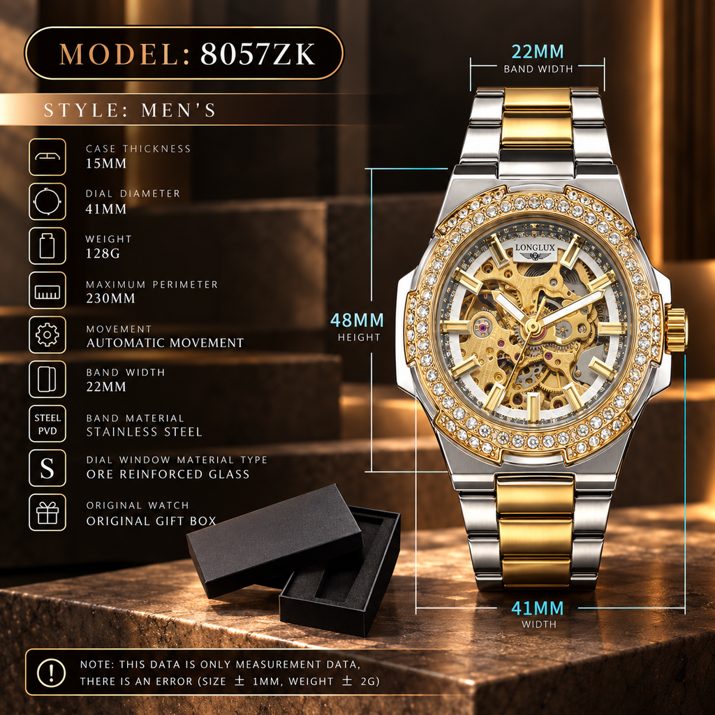 LONGLUX Men’s Luxury Automatic Mechanical Watch – Skeleton Dial, Stainless Steel, Diamond Accents, Water-Resistant, Elegant Style