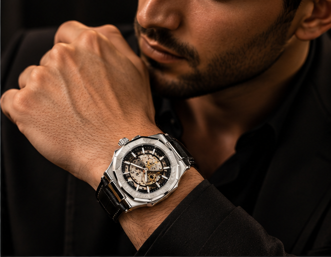 LONGLUX Men’s Luxury Automatic Mechanical Watch – Skeleton Dial, Leather Strap, Water-Resistant, Elegant Casual Style