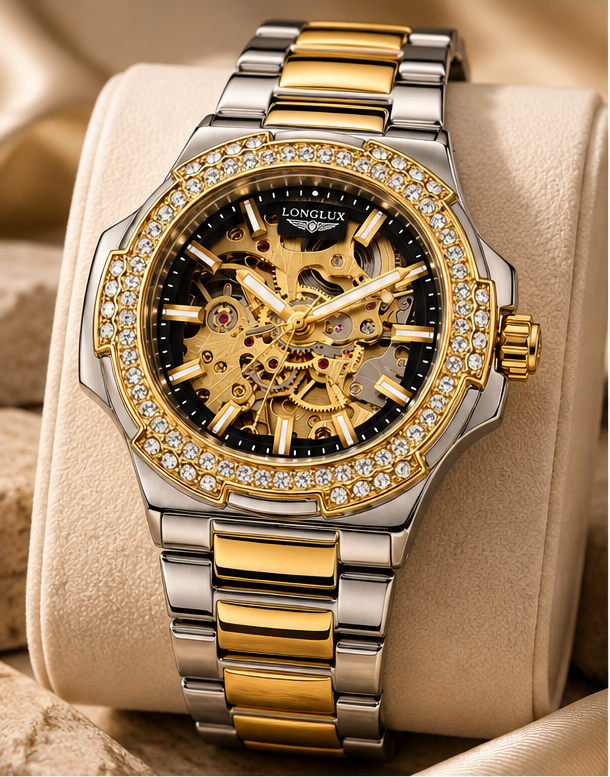 LONGLUX Men’s Luxury Automatic Mechanical Watch – Skeleton Dial, Stainless Steel, Diamond Accents, Water-Resistant, Elegant Style
