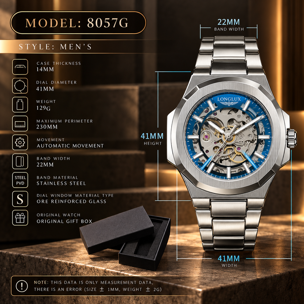 LONGLUX Men’s Luxury Automatic Mechanical Watch – Skeleton Dial, Stainless Steel, Water-Resistant, Elegant Business Style