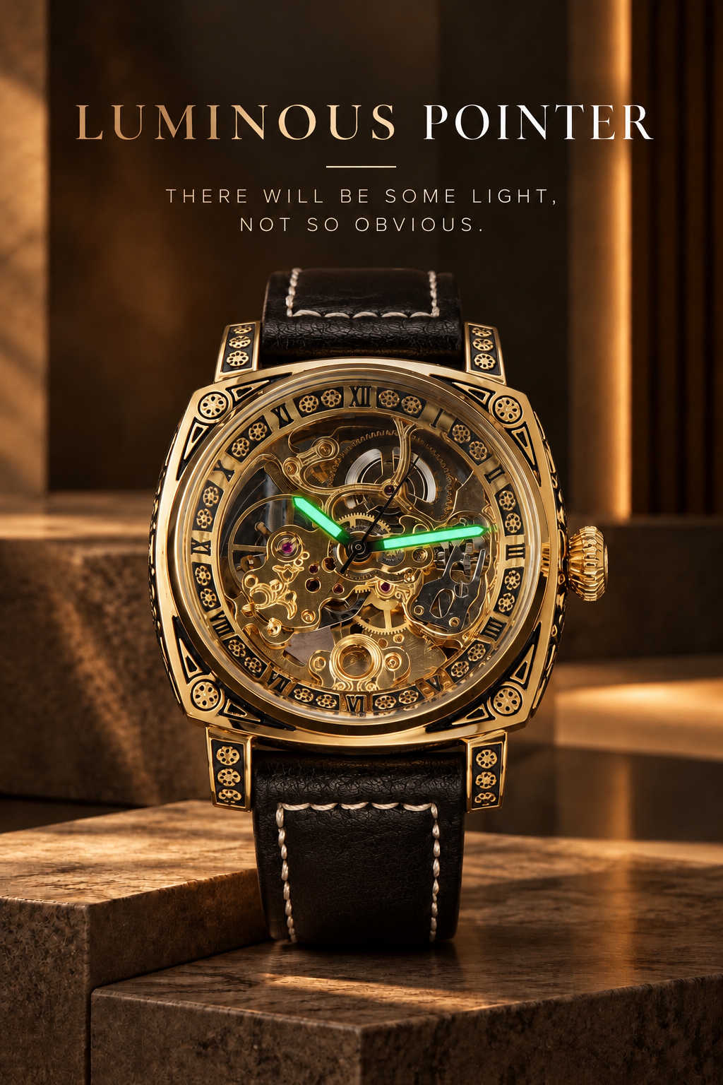 LONGLUX Men’s Luxury Automatic Mechanical Watch – Retro Skeleton Dial, Leather Strap, Water-Resistant, Elegant Vintage Style
