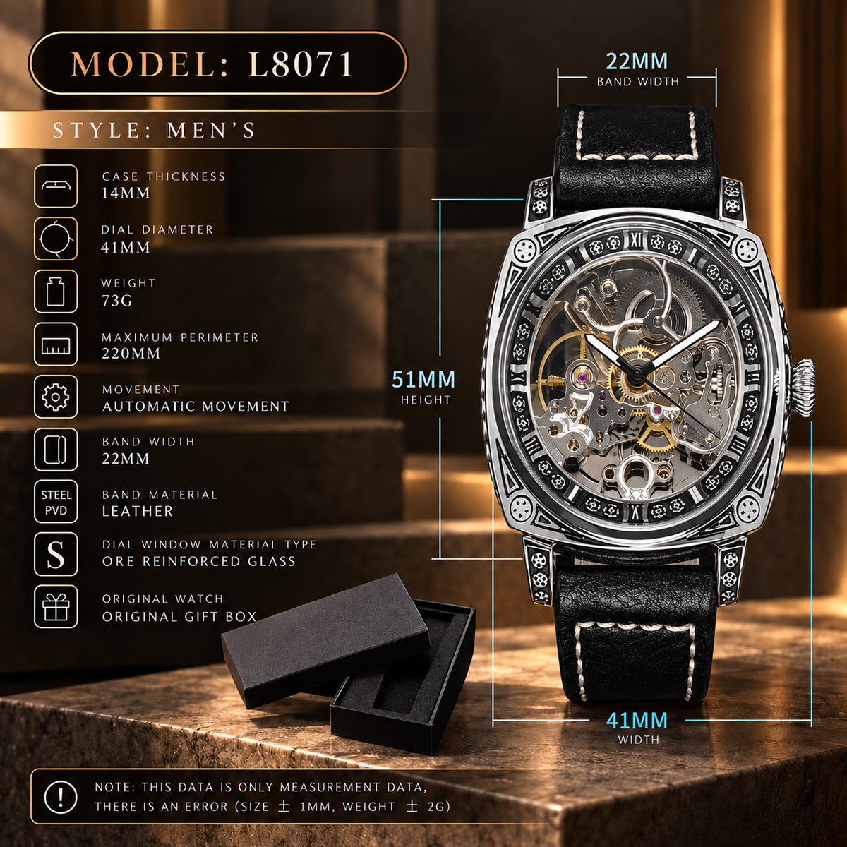 LONGLUX Men’s Luxury Automatic Mechanical Watch – Retro Skeleton Dial, Leather Strap, Water-Resistant, Elegant Vintage Style
