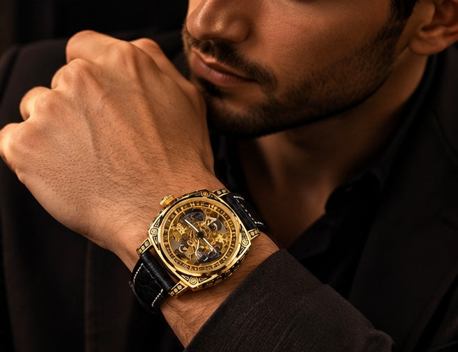 LONGLUX Men’s Luxury Automatic Mechanical Watch – Retro Skeleton Dial, Leather Strap, Water-Resistant, Elegant Vintage Style