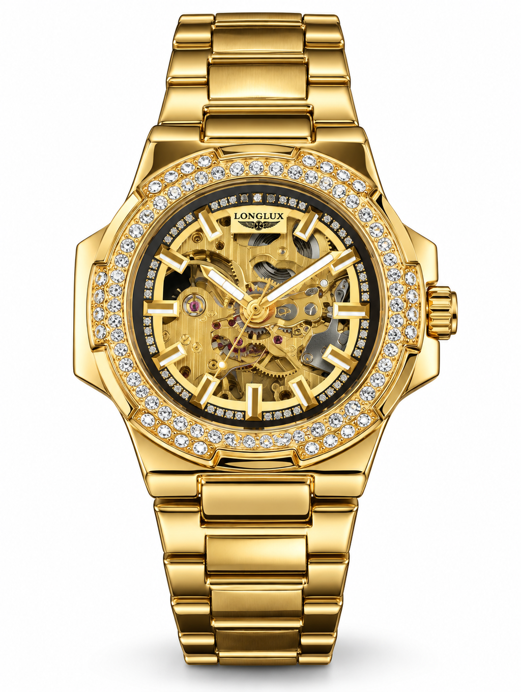 LONGLUX Men’s Luxury Automatic Mechanical Watch – Skeleton Dial, Stainless Steel, Diamond Accents, Water-Resistant, Elegant Style