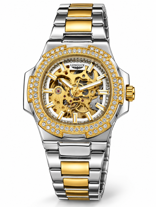 LONGLUX Men’s Luxury Automatic Mechanical Watch – Skeleton Dial, Stainless Steel, Diamond Accents, Water-Resistant, Elegant Style