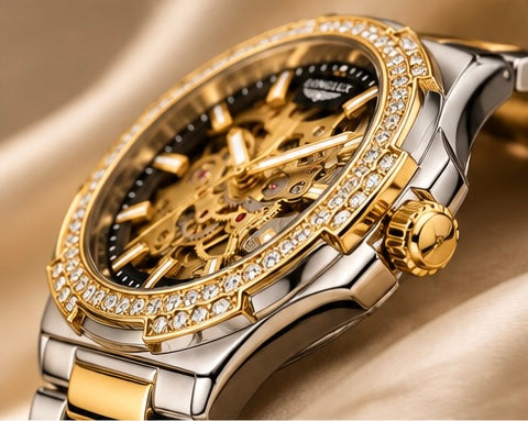 LONGLUX Men’s Luxury Automatic Mechanical Watch – Skeleton Dial, Stainless Steel, Diamond Accents, Water-Resistant, Elegant Style
