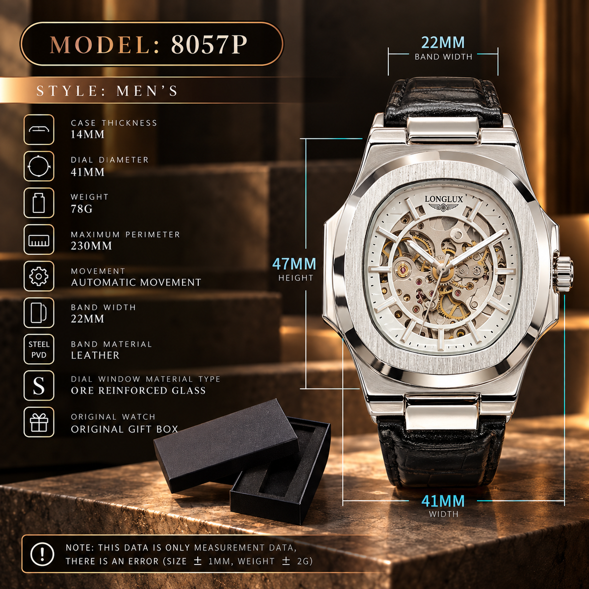 LONGLUX Men’s Luxury Automatic Mechanical Watch – Skeleton Dial, Leather Strap, Water-Resistant, Elegant Casual Style
