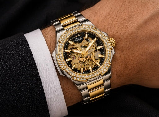 LONGLUX Men’s Luxury Automatic Mechanical Watch – Skeleton Dial, Stainless Steel, Diamond Accents, Water-Resistant, Elegant Style