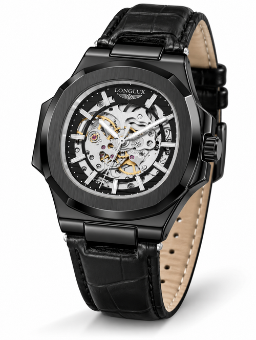LONGLUX Men’s Luxury Automatic Mechanical Watch – Skeleton Dial, Leather Strap, Water-Resistant, Elegant Casual Style