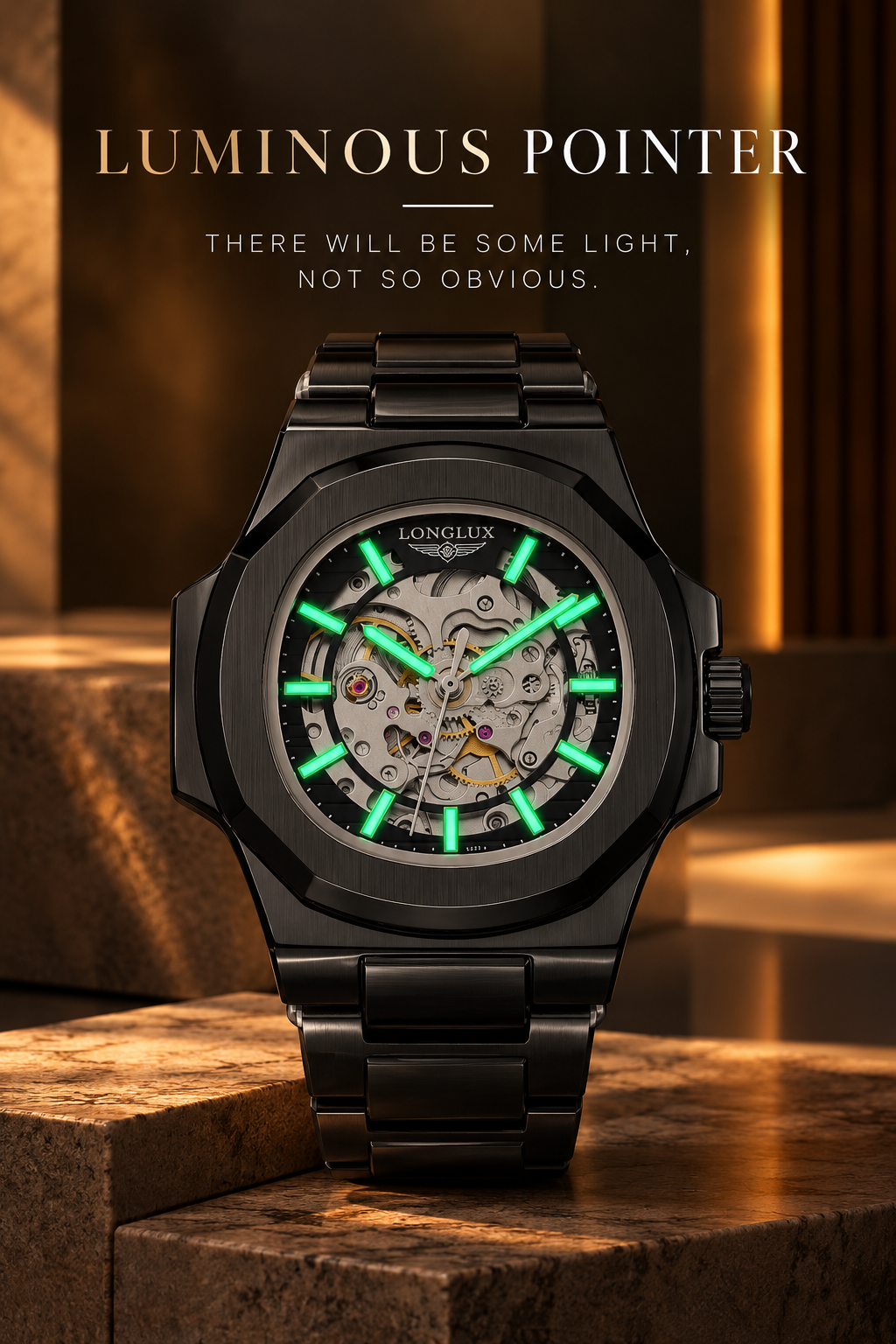 LONGLUX Men’s Luxury Automatic Mechanical Watch – Skeleton Dial, Leather Strap, Water-Resistant, Elegant Casual Style